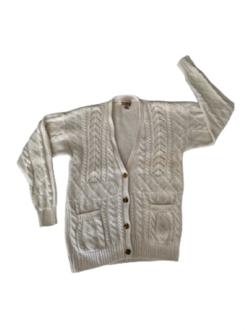 VTG Red Camel Cable Knit Chunky Cardigan Sweater Junior S Cream 80s Shoulder Pad